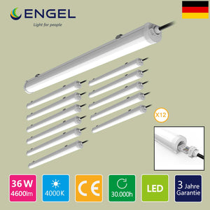 Engel Lighting Exton Standard LED-Leuchte 12er Set | Robuste Feuchtraumleuchte | LED Feuchtraumleuchte, Industrieleuchte | Werkstattbeleuchtung