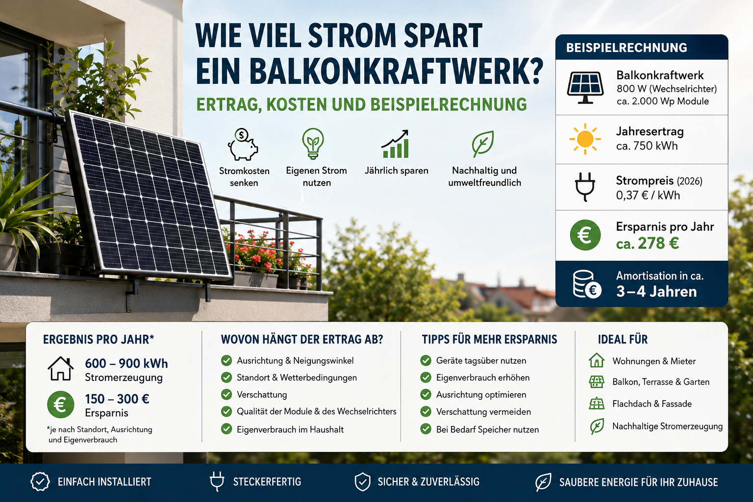 Wie viel Strom spart ein Balkonkraftwerk? Ertrag, Kosten und Beispielrechnung
