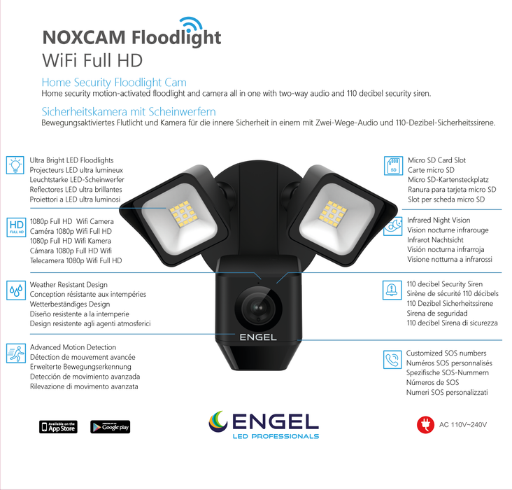 Engel NoxCam Floodlight Cam WiFi Full-HD Black – smarte Außenleuchte mit integrierter Sicherheitskamera Engel Lighting 