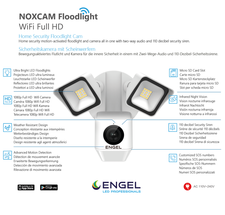 Engel NoxCam Floodlight Cam WiFi Full-HD Black – smarte Außenleuchte mit integrierter Sicherheitskamera Engel Lighting 