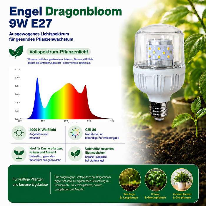 Engel Dragonbloom E27 LED Pflanzenlampe 9W, 1035 lm, 4000 K, IP54, CRI 80, 30.000 h – Ideal für Erdbeeren, Kräuter, Jungpflanzen, Zimmerpflanzen und viele weitere Kulturen