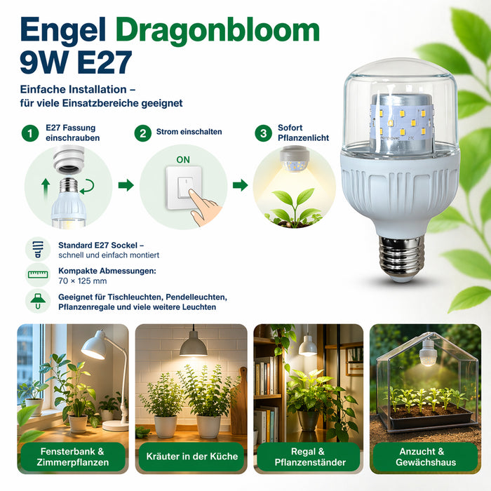 Engel Dragonbloom E27 LED Pflanzenlampe 9W, 1035 lm, 4000 K, IP54, CRI 80, 30.000 h – für Zimmerpflanzen, Kräuter & Anzucht