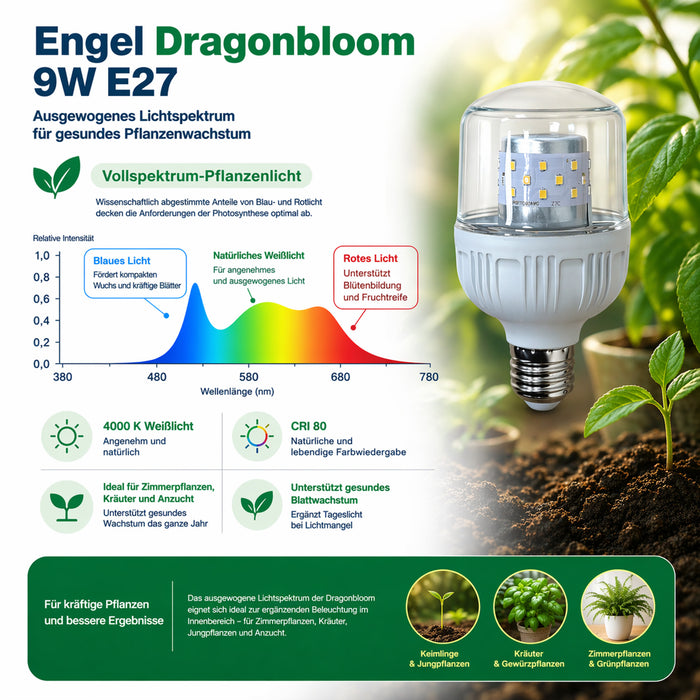 Engel Dragonbloom E27 LED Pflanzenlampe 9W, 1035 lm, 4000 K, IP54, CRI 80, 30.000 h – für Zimmerpflanzen, Kräuter & Anzucht