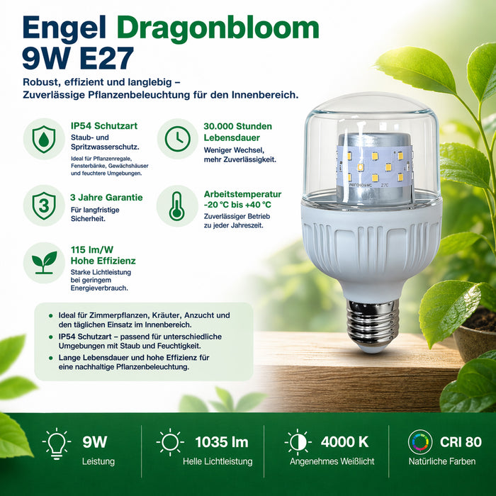 Engel Dragonbloom E27 LED Pflanzenlampe 9W, 1035 lm, 4000 K, IP54, CRI 80, 30.000 h – für Zimmerpflanzen, Kräuter & Anzucht