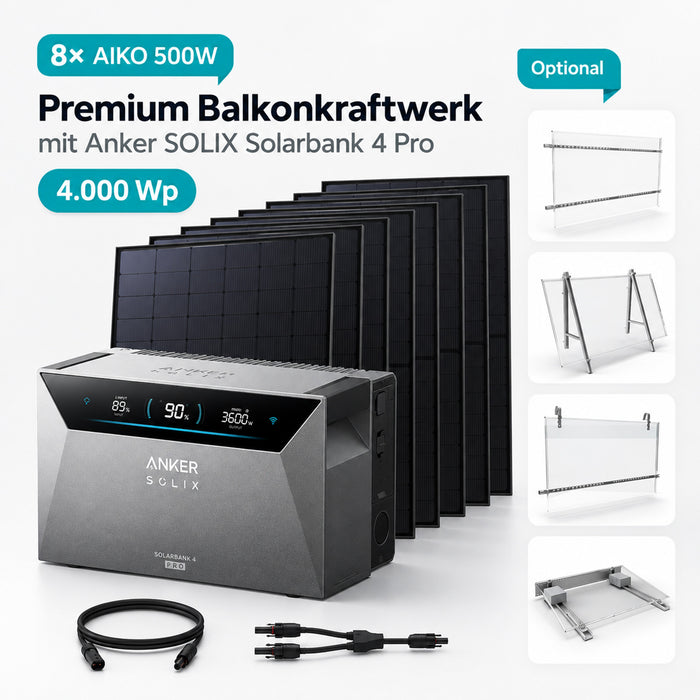 4000W Premium-Balkonkraftwerk mit 8 AIKO 500W Glas-Glas-Modulen und Anker SOLIX Solarbank 4 Pro mit 5 kWh Speicher