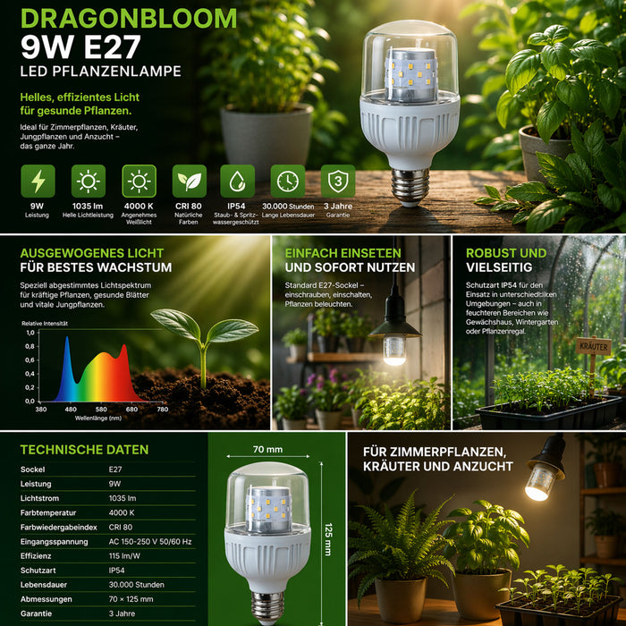 Engel Dragonbloom E27 LED Pflanzenlampe 9W, 1035 lm, 4000 K, IP54, CRI 80, 30.000 h – für Zimmerpflanzen, Kräuter & Anzucht