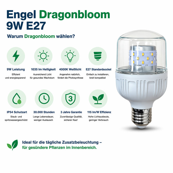 Engel Dragonbloom E27 LED Pflanzenlampe 9W, 1035 lm, 4000 K, IP54, CRI 80, 30.000 h – für Zimmerpflanzen, Kräuter & Anzucht